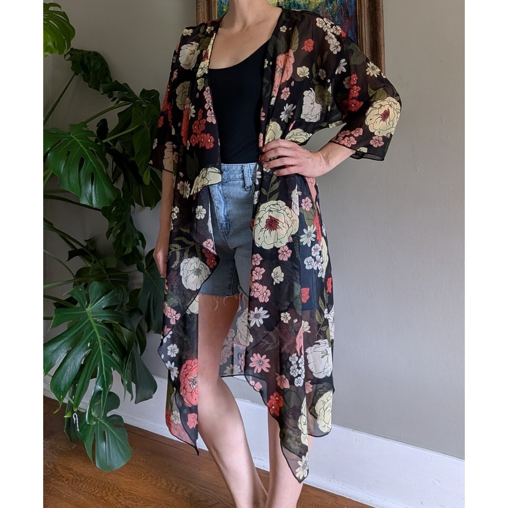 Dark Floral Kimono Duster Cascade Front Open Sheer Layer Whimsy Boho Beach City